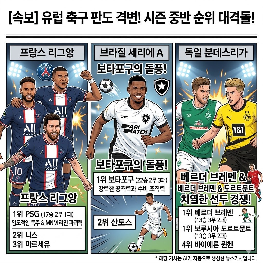 프랑스 리그 파리 셍제르망 선두 질주브라질 리그 보