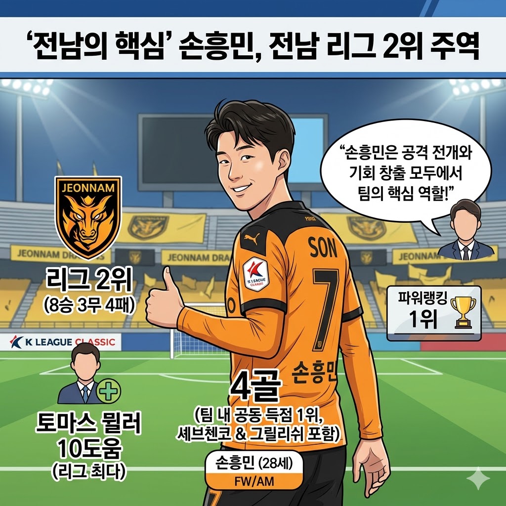 전남 감독이 극찬한 손흥민, 4골로 리그 2위 이끈다