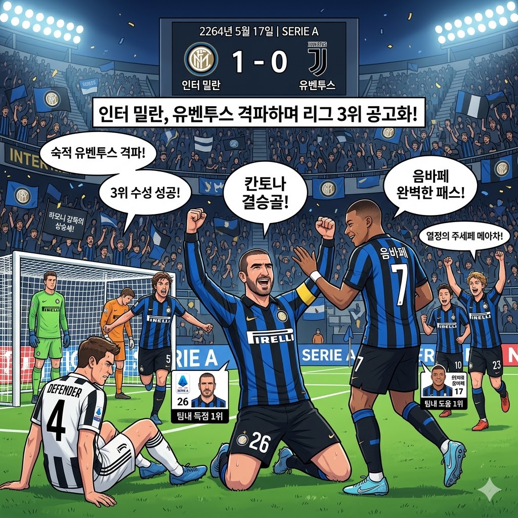 인테르, 숙적 유벤투스 꺾고 우승 불씨 살렸다